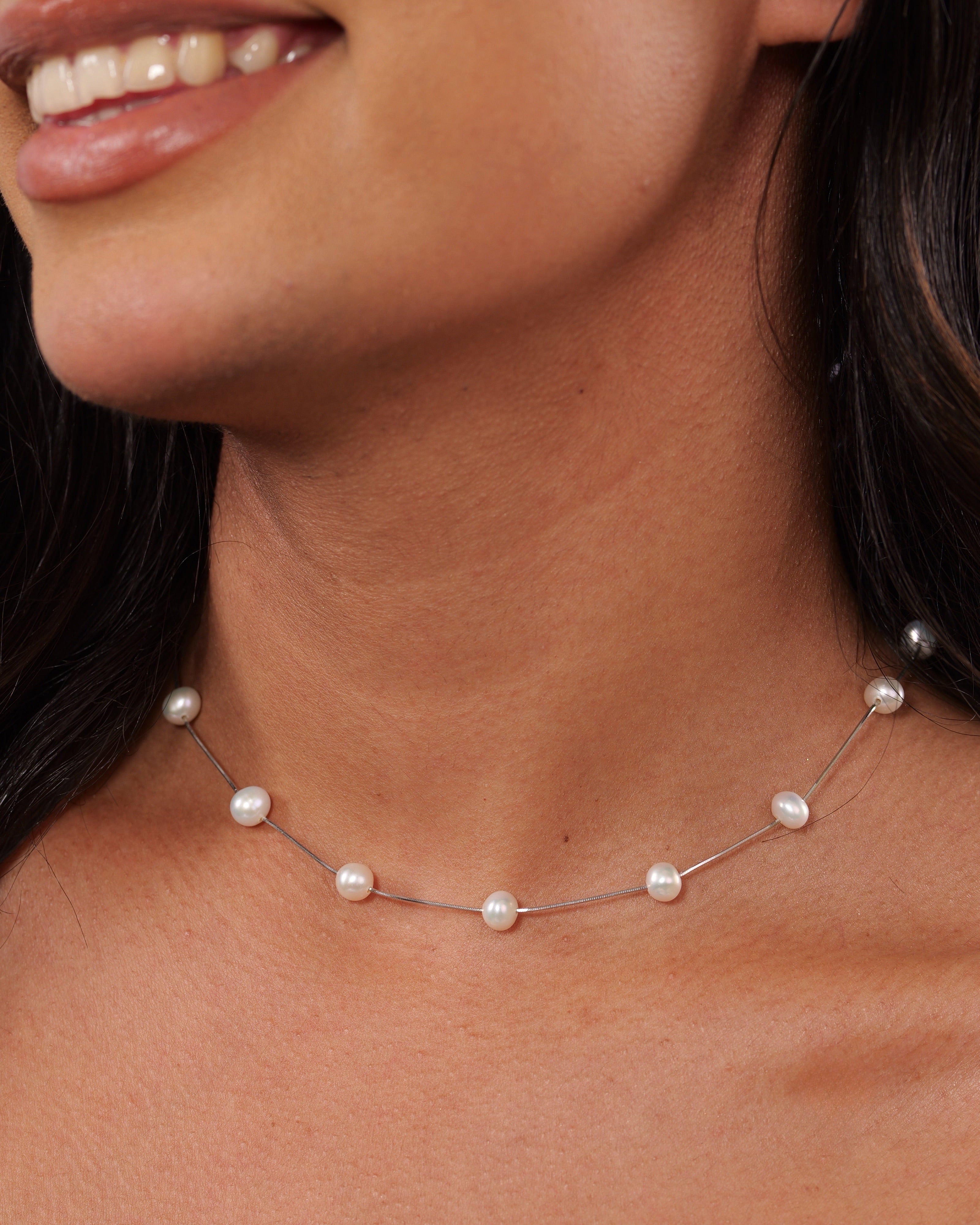 The Interval Pearl Necklace 16 inch | Rhodium Plated